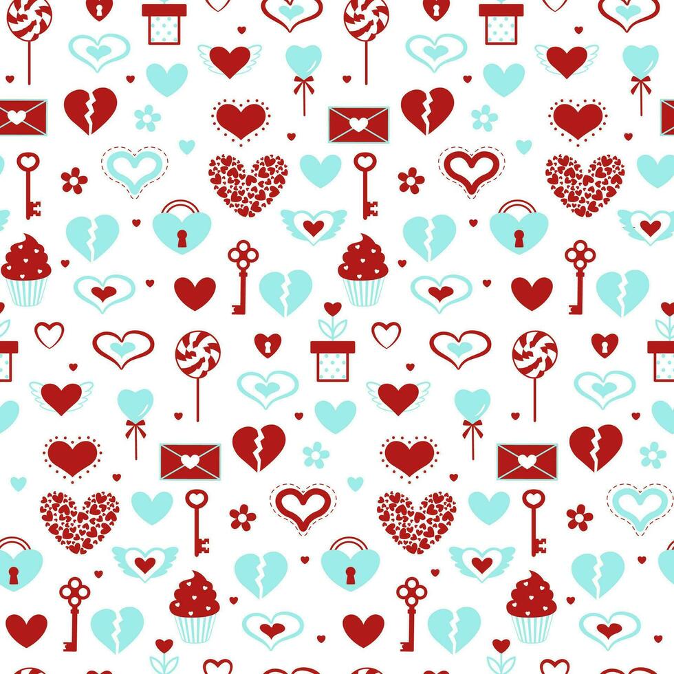 Hand drawn hearts and different valentine elements seamless pattern. Vector drawing red and blue design on white background.