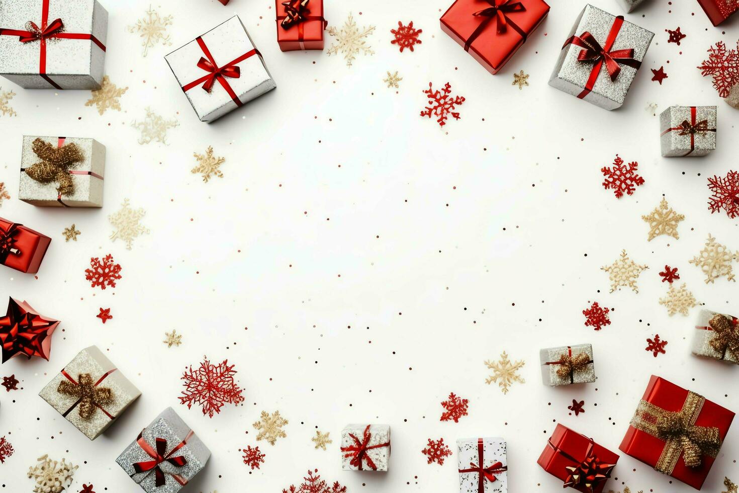 Christmas composition with gift boxes, card balls fir branches pine cones with copy space. Christmas by AI Generated photo