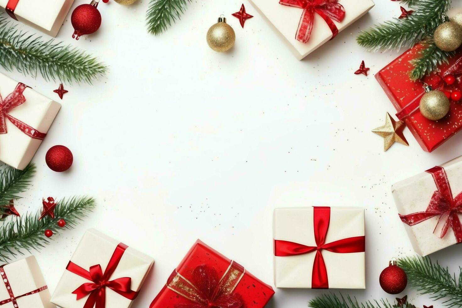 Christmas composition with gift boxes, card balls fir branches pine cones with copy space. Christmas by AI Generated photo