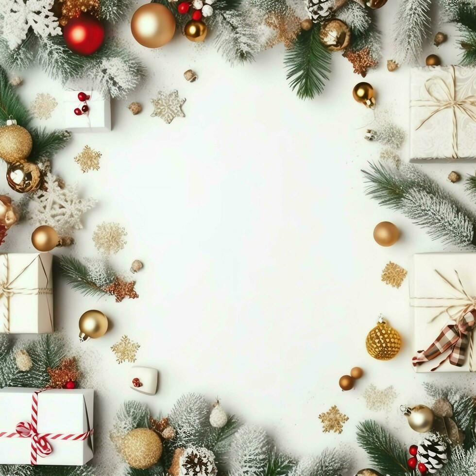 Christmas composition with gift boxes, card balls fir branches pine cones with copy space. Christmas by AI Generated photo