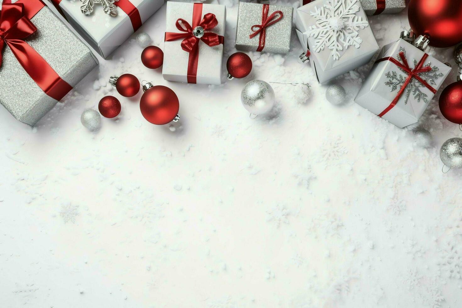 Christmas composition with gift boxes, card balls fir branches pine cones with copy space. Christmas by AI Generated photo