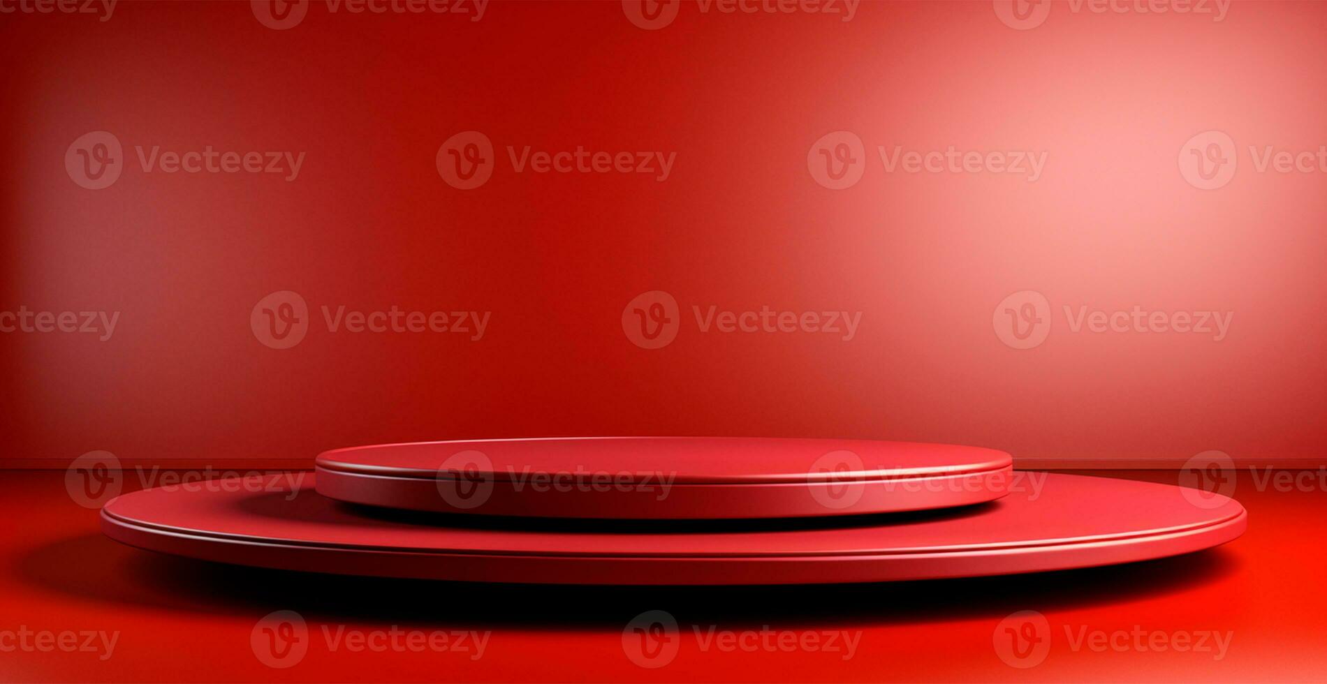 AI generated Empty podium pedestal, red background stand for product, goods. Shelf with product advertising - AI generated image photo