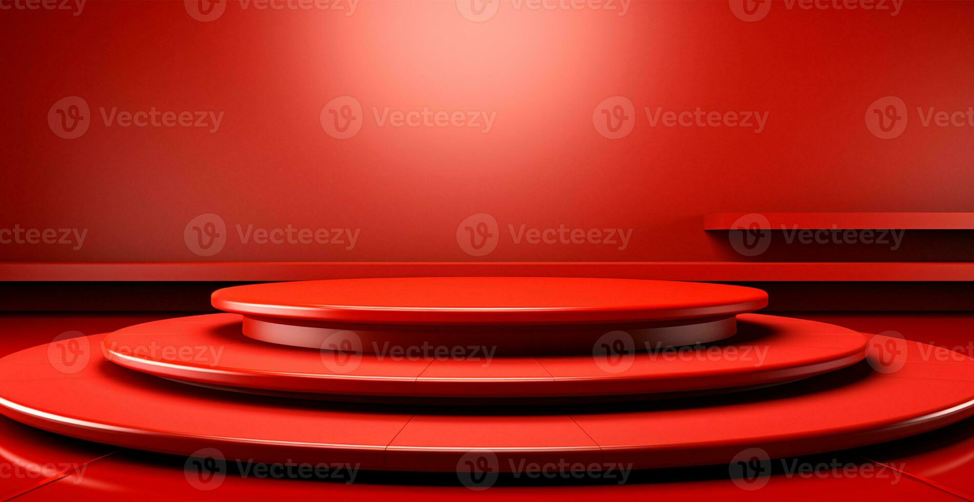 AI generated Empty podium pedestal, red background stand for product, goods. Shelf with product advertising - AI generated image photo