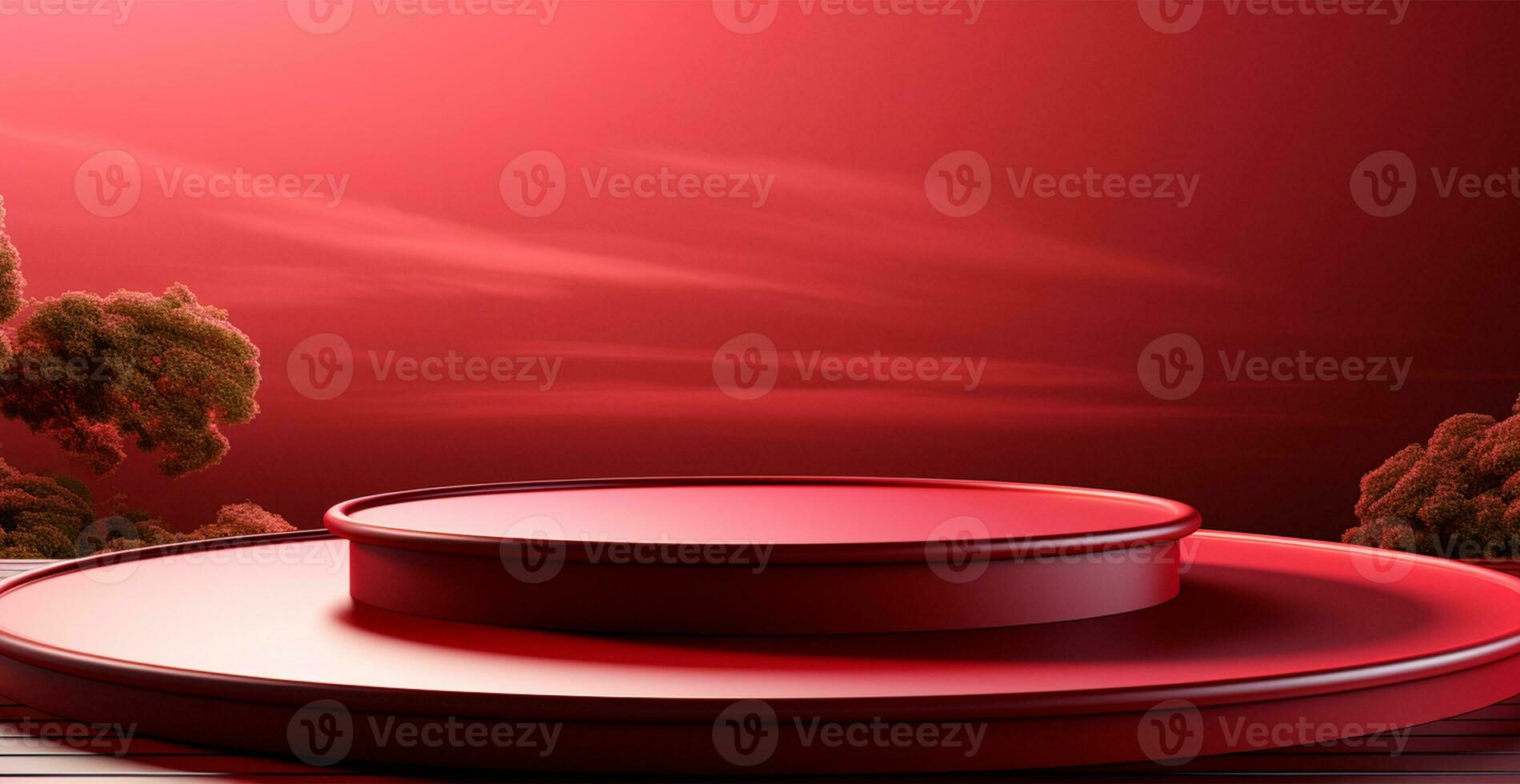 AI generated Empty podium pedestal, red background stand for product, goods. Shelf with product advertising - AI generated image photo