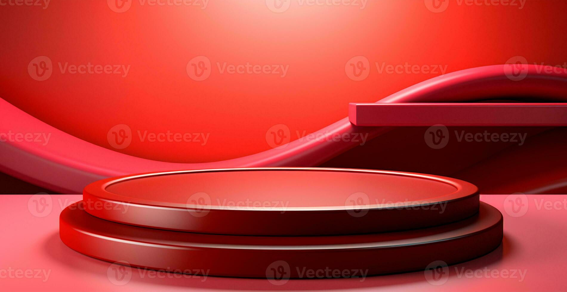 AI generated Empty podium pedestal, red background stand for product, goods. Shelf with product advertising - AI generated image photo