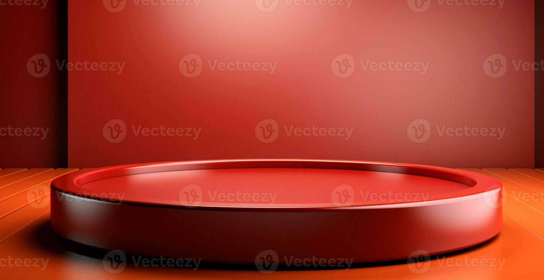 AI generated Empty podium pedestal, red background stand for product, goods. Shelf with product advertising - AI generated image photo