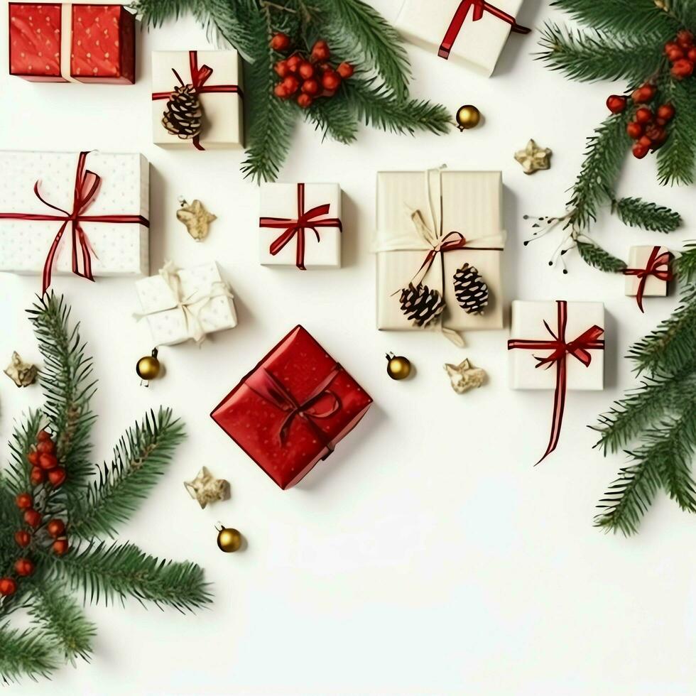 Christmas composition with gift boxes, card balls fir branches pine cones with copy space. Christmas by AI Generated photo