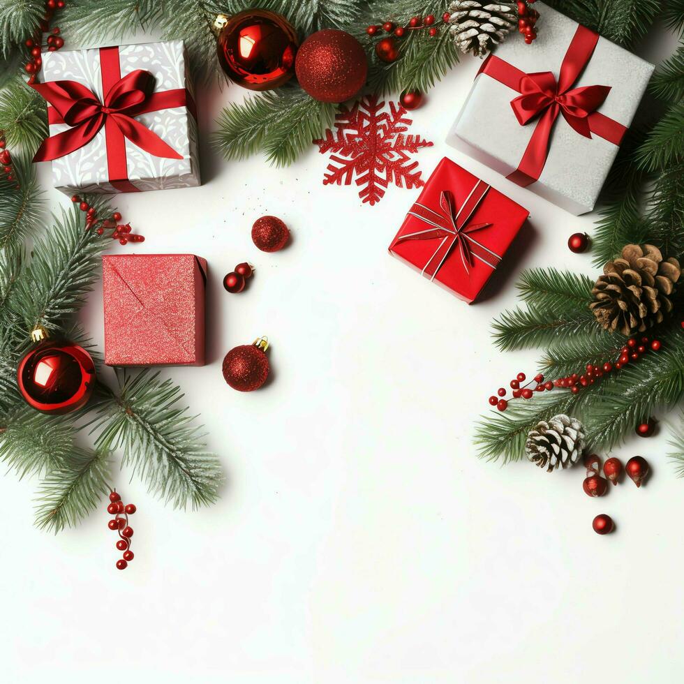 Christmas composition with gift boxes, card balls fir branches pine cones with copy space. Christmas by AI Generated photo