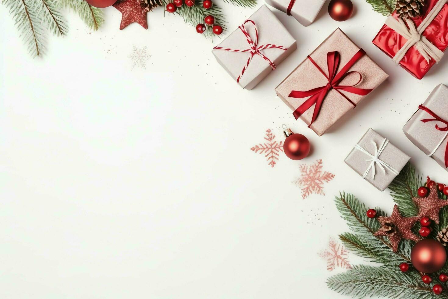 Christmas composition with gift boxes, card balls fir branches pine cones with copy space. Christmas by AI Generated photo
