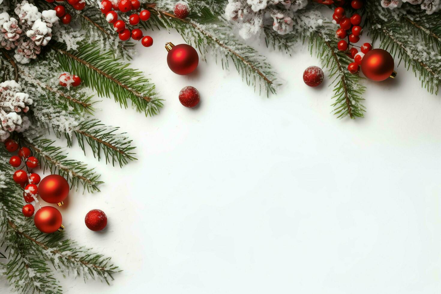 Christmas composition with gift boxes, card balls fir branches pine cones with copy space. Christmas by AI Generated photo