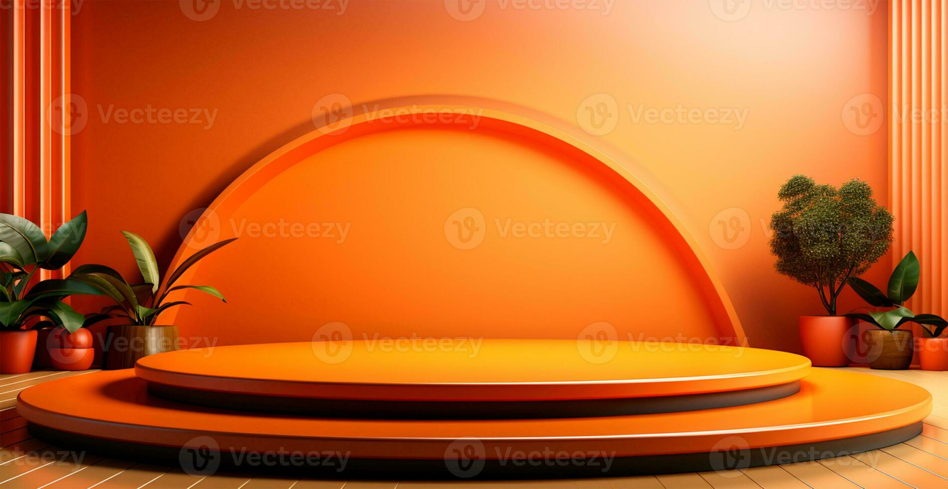 AI generated Empty podium pedestal, orange background stand for product, goods. Shelf with product advertising - AI generated image photo