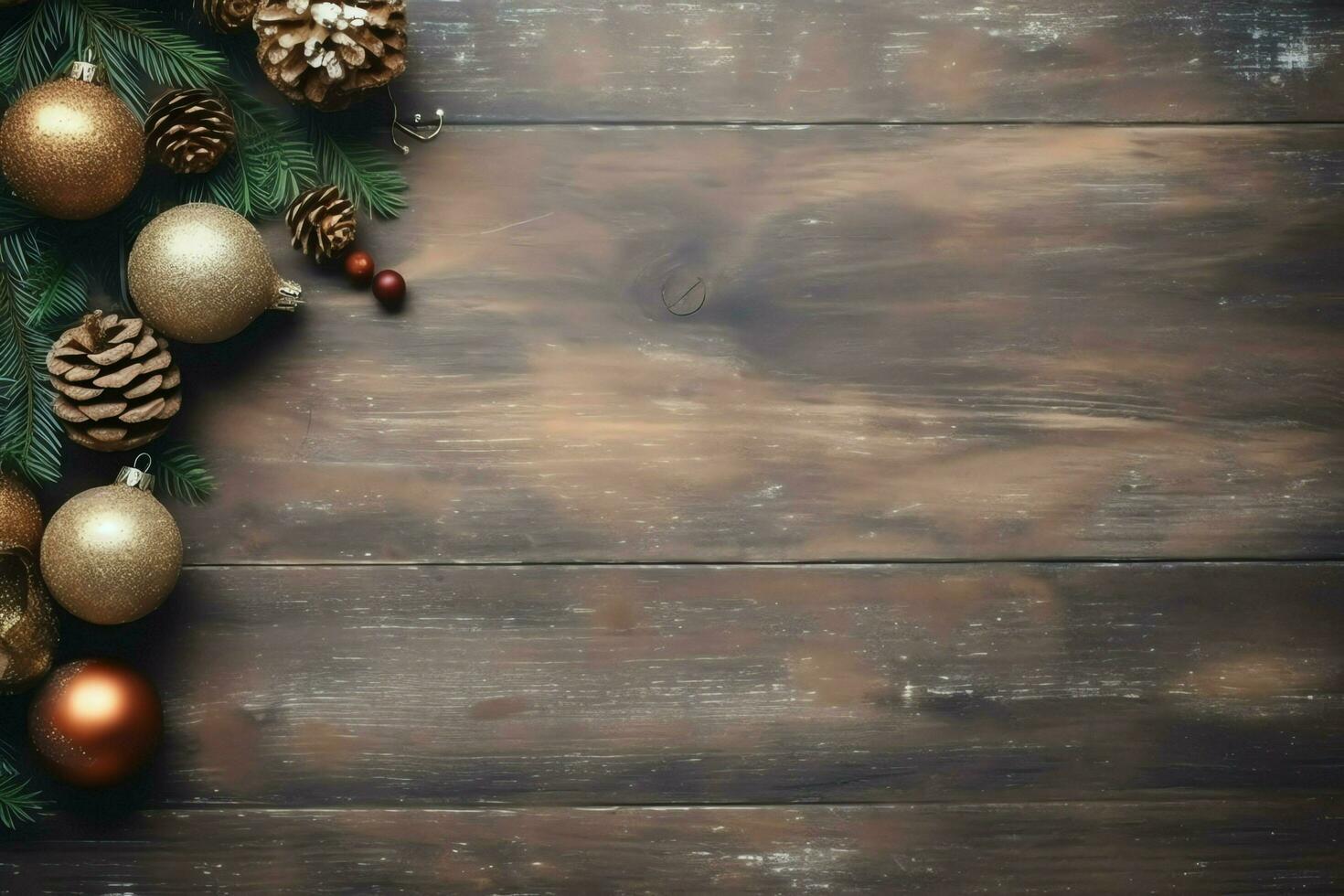 Christmas composition with gift boxes, card balls fir branches pine cones with copy space. Christmas by AI Generated photo
