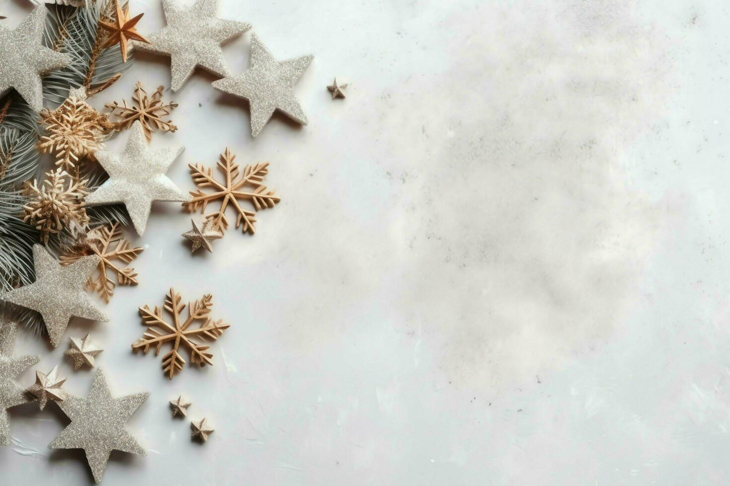 Christmas composition with gift boxes, card balls fir branches pine cones with copy space. Christmas by AI Generated photo