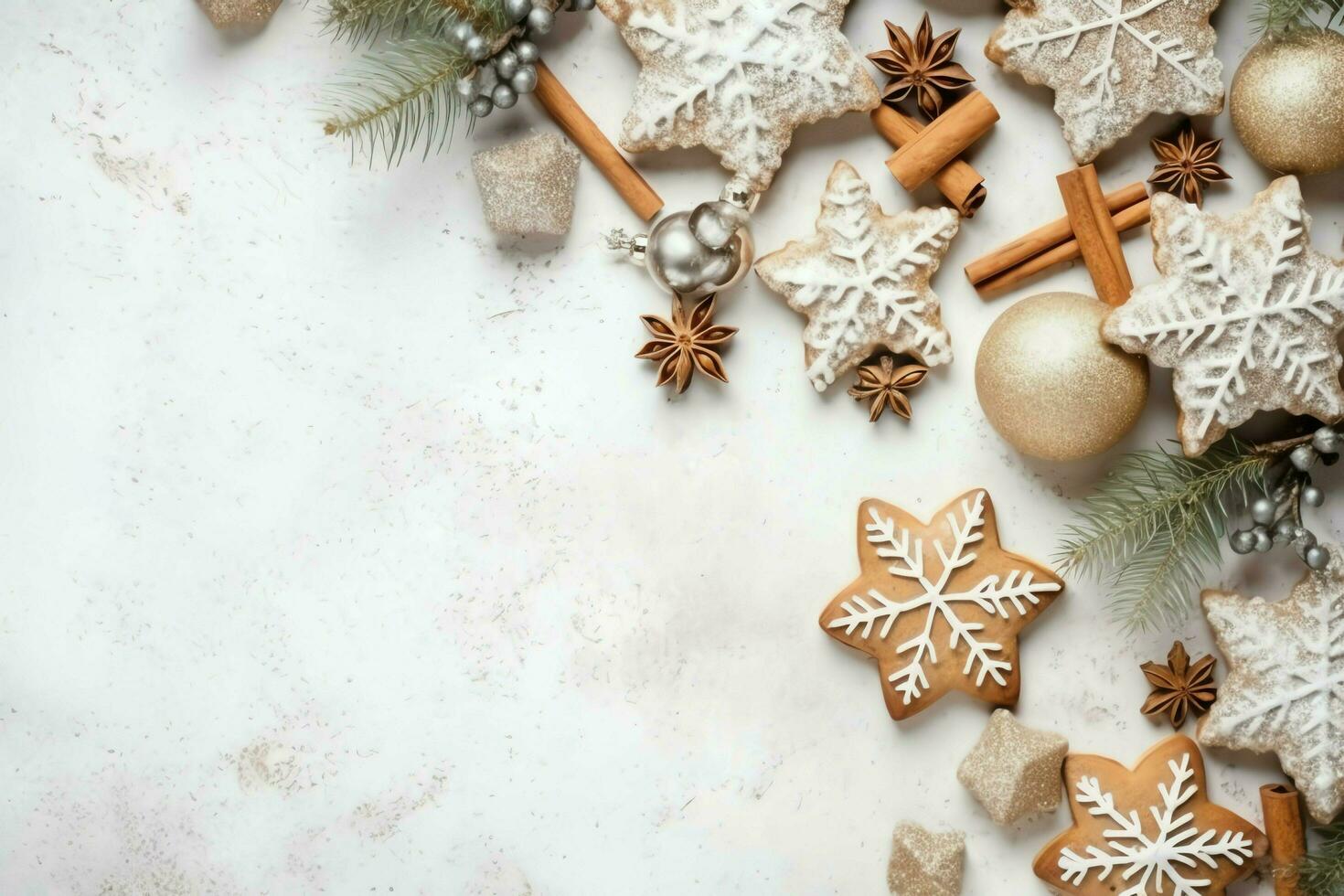 Christmas composition with gift boxes, card balls fir branches pine cones with copy space. Christmas by AI Generated photo