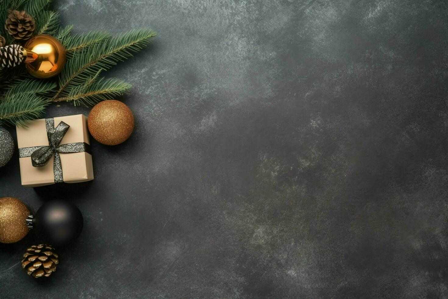 Christmas composition with gift boxes, card balls fir branches pine cones with copy space. Christmas by AI Generated photo