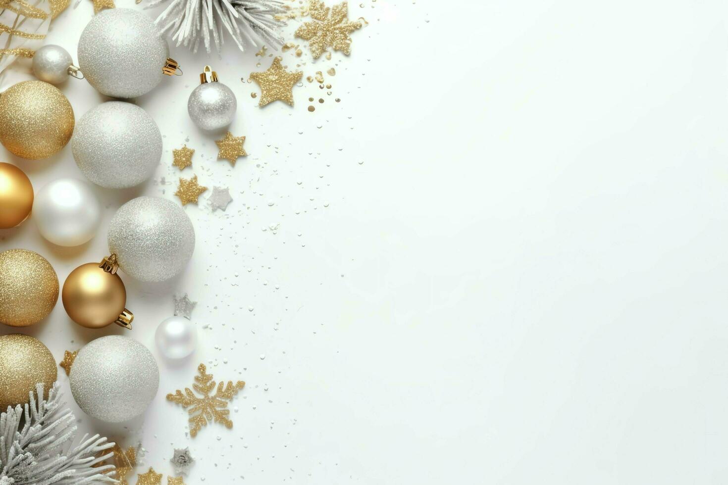 Christmas composition with gift boxes, card balls fir branches pine cones with copy space. Christmas by AI Generated photo