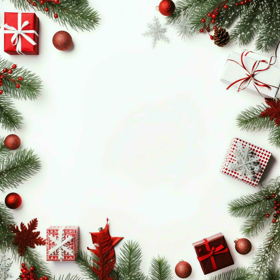 Navidad composición con regalo cajas, tarjeta pelotas abeto ramas pino conos con Copiar espacio. Navidad por ai generado foto