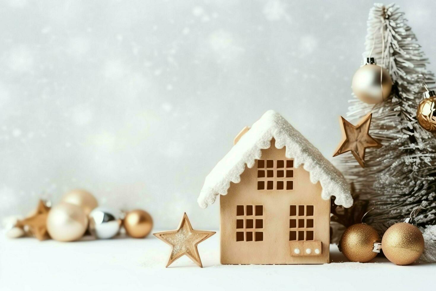 Christmas composition with gift boxes, card balls fir branches pine cones with copy space. Christmas by AI Generated photo