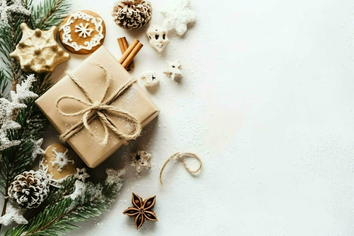 Christmas composition with gift boxes, card balls fir branches pine cones with copy space. Christmas by AI Generated photo
