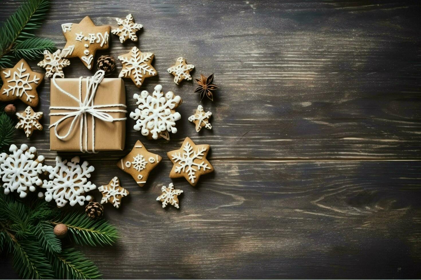 Christmas composition with gift boxes, card balls fir branches pine cones with copy space. Christmas by AI Generated photo