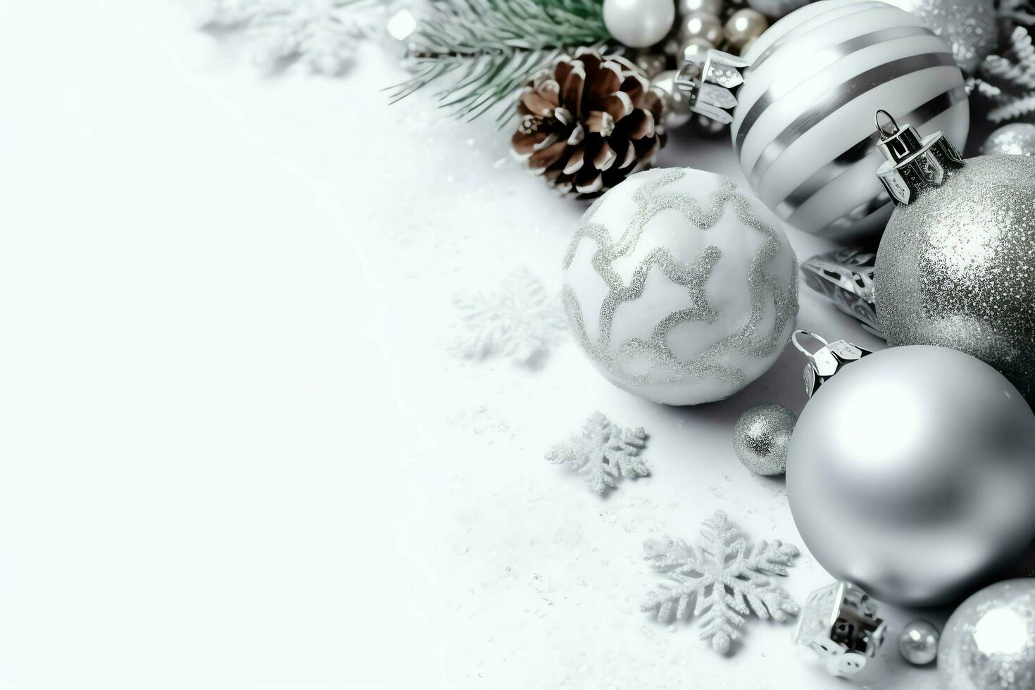 Christmas composition with gift boxes, card balls fir branches pine cones with copy space. Christmas by AI Generated photo