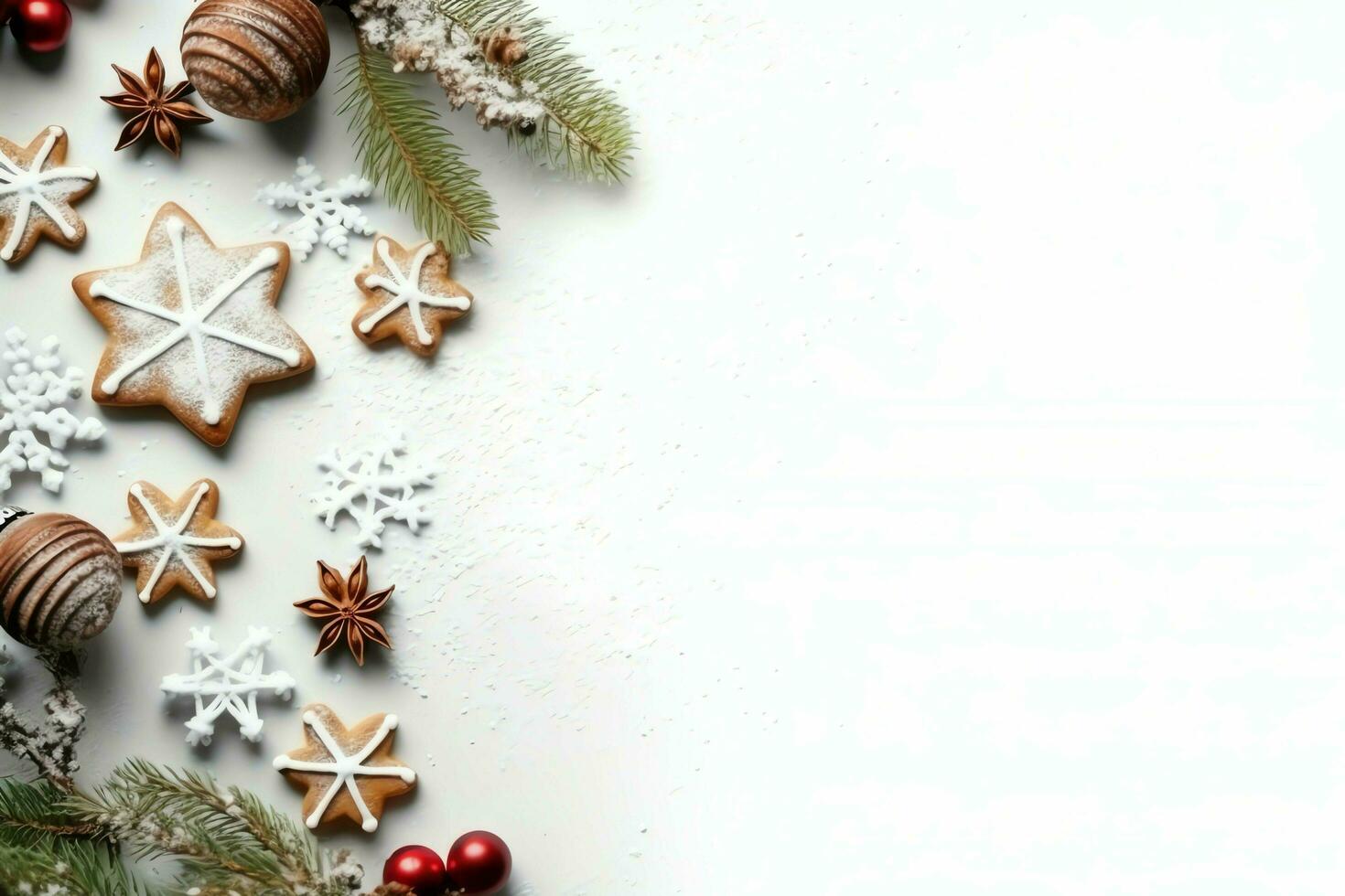 Christmas composition with gift boxes, card balls fir branches pine cones with copy space. Christmas by AI Generated photo