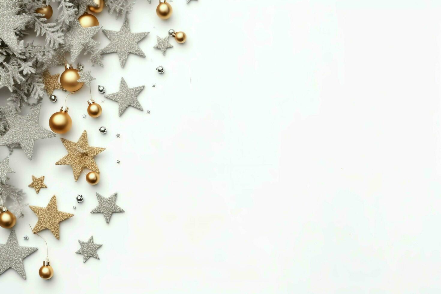 Christmas composition with gift boxes, card balls fir branches pine cones with copy space. Christmas by AI Generated photo