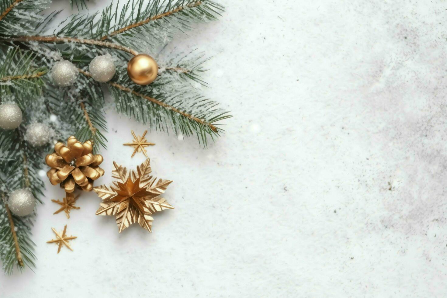 Christmas composition with gift boxes, card balls fir branches pine cones with copy space. Christmas by AI Generated photo