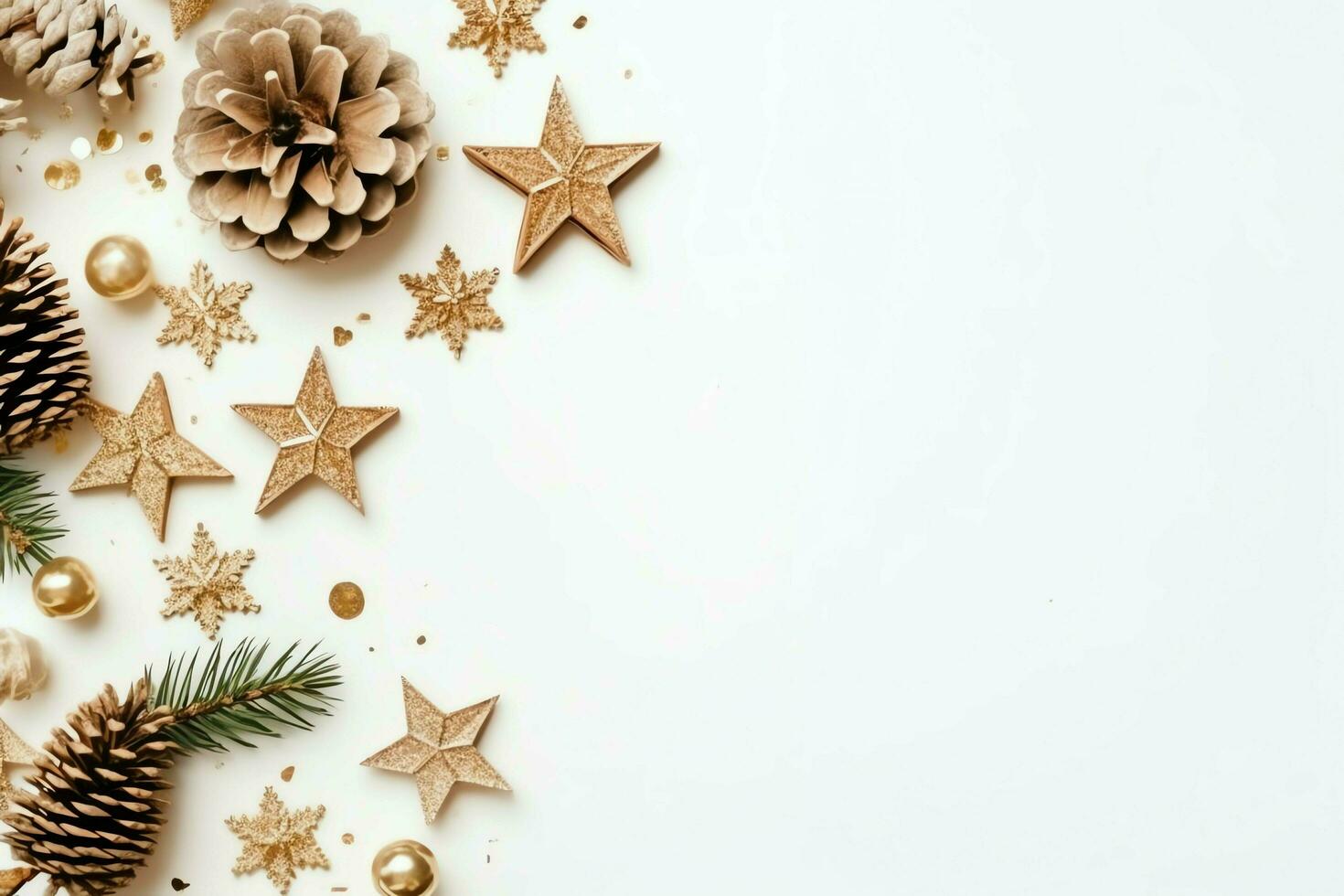 Christmas composition with gift boxes, card balls fir branches pine cones with copy space. Christmas by AI Generated photo