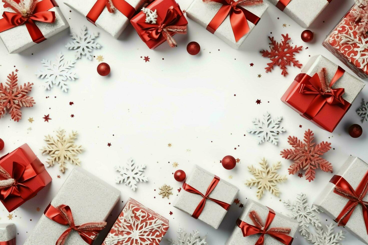 Christmas composition with gift boxes, card balls fir branches pine cones with copy space. Christmas by AI Generated photo