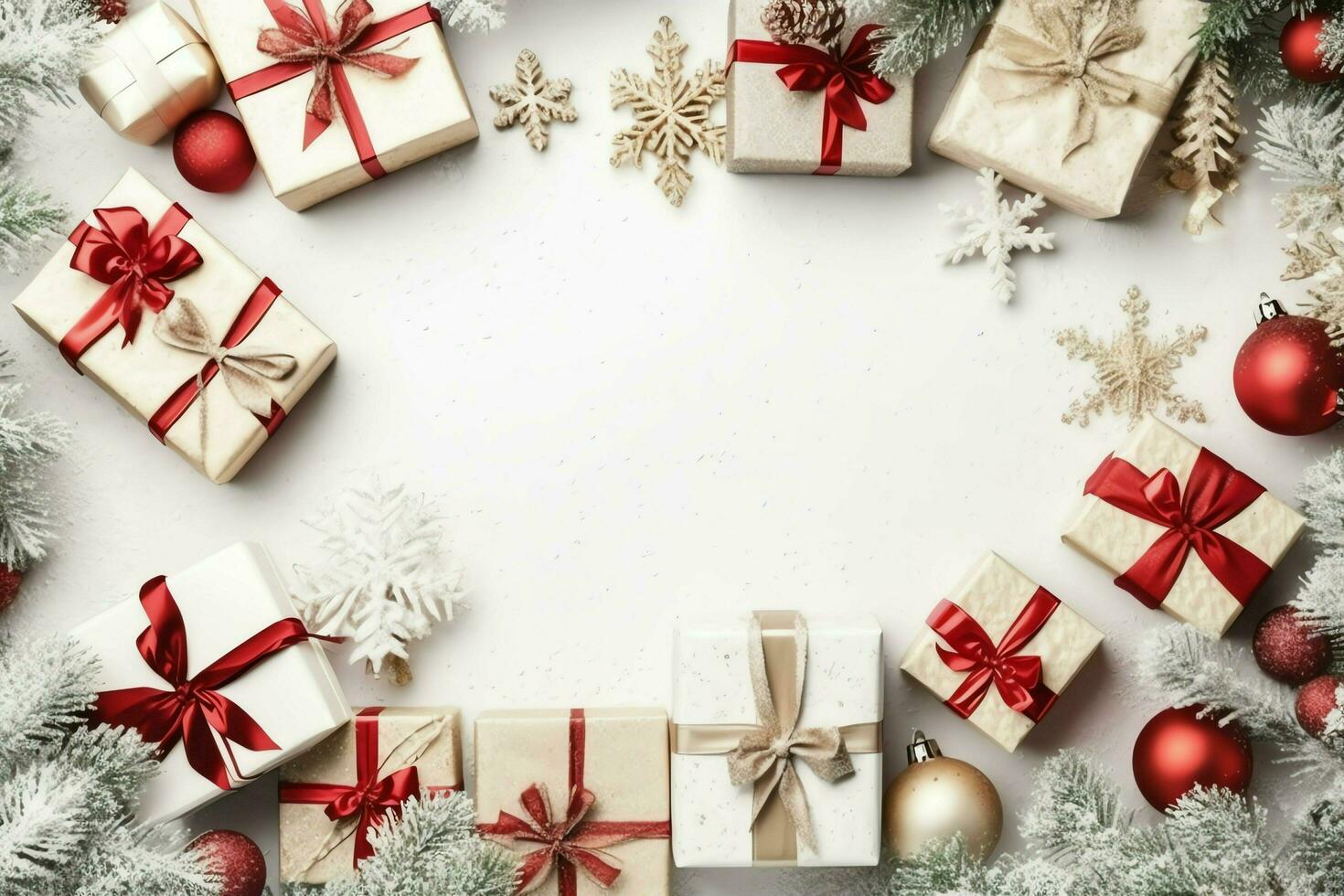 Christmas composition with gift boxes, card balls fir branches pine cones with copy space. Christmas by AI Generated photo