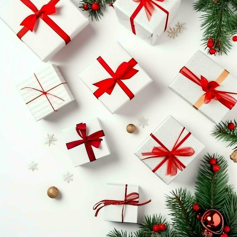 Christmas composition with gift boxes, card balls fir branches pine cones with copy space. Christmas by AI Generated photo