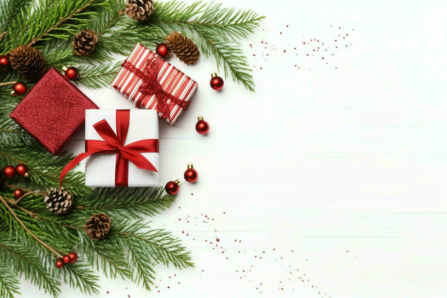 Christmas composition with gift boxes, card balls fir branches pine cones with copy space. Christmas by AI Generated photo