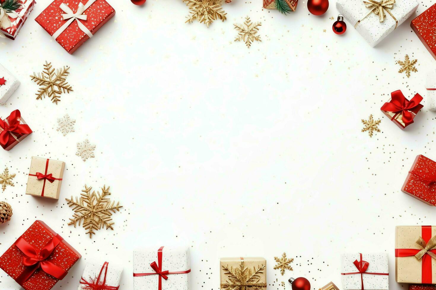 Christmas composition with gift boxes, card balls fir branches pine cones with copy space. Christmas by AI Generated photo