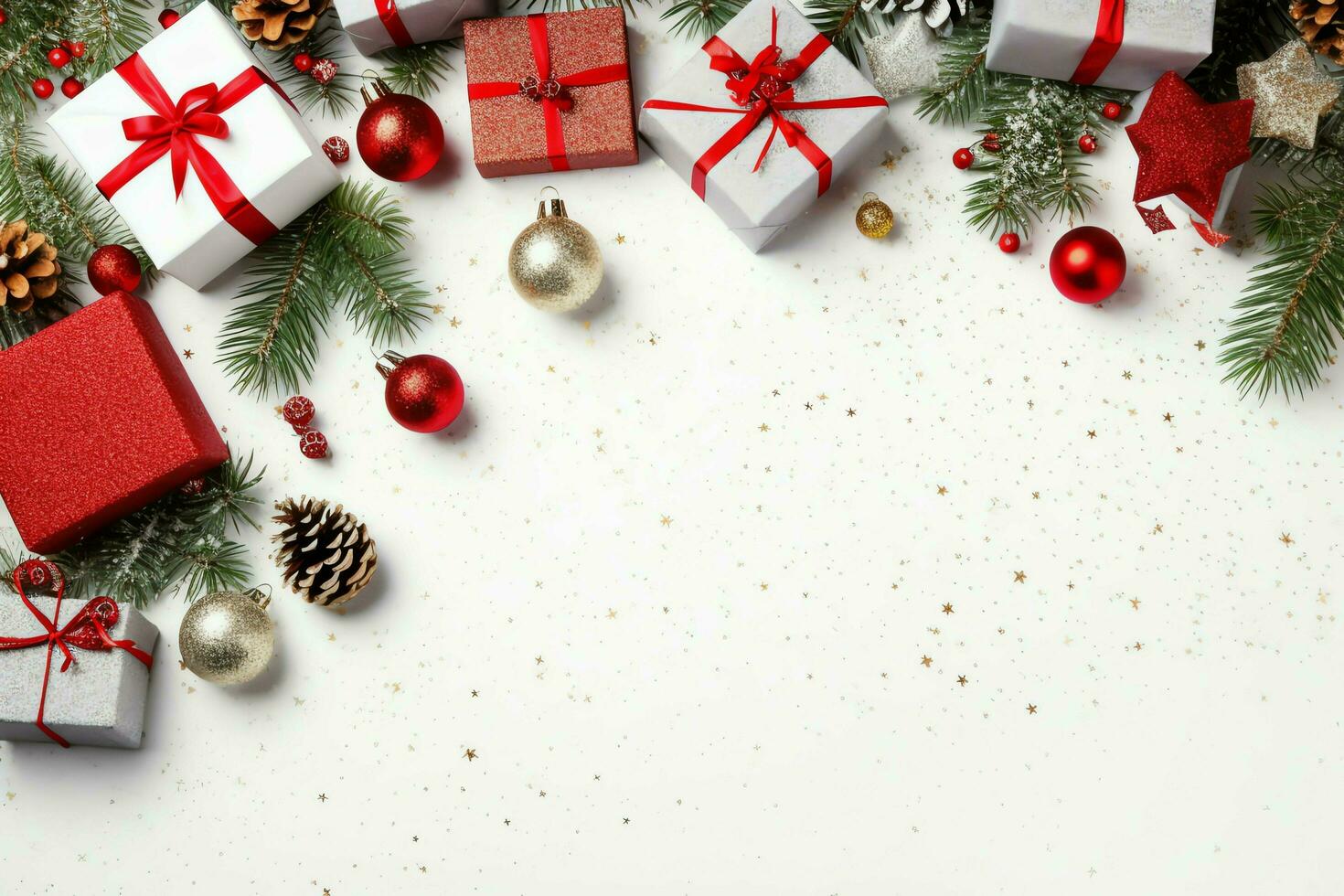 Christmas composition with gift boxes, card balls fir branches pine cones with copy space. Christmas by AI Generated photo