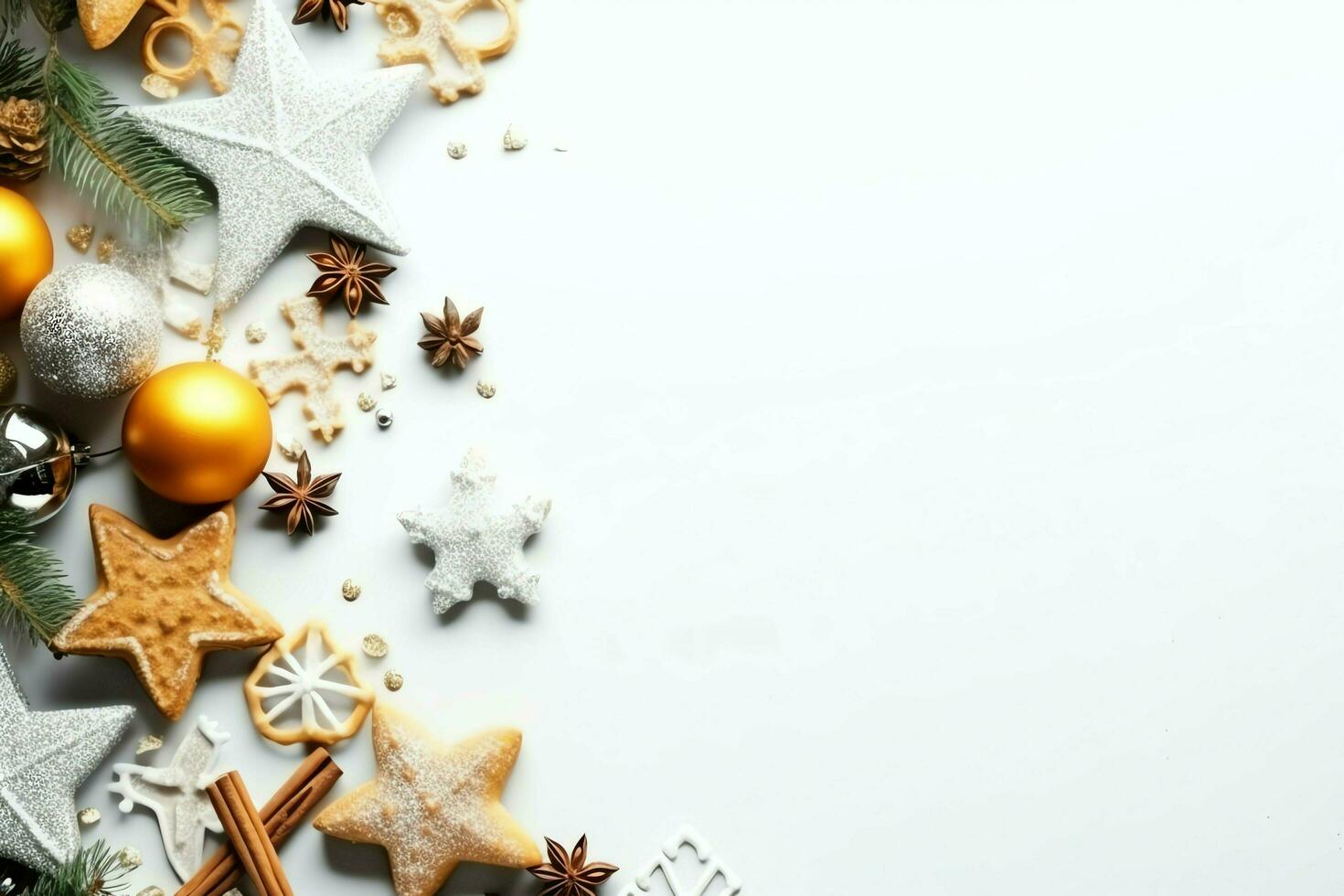 Christmas composition with gift boxes, card balls fir branches pine cones with copy space. Christmas by AI Generated photo