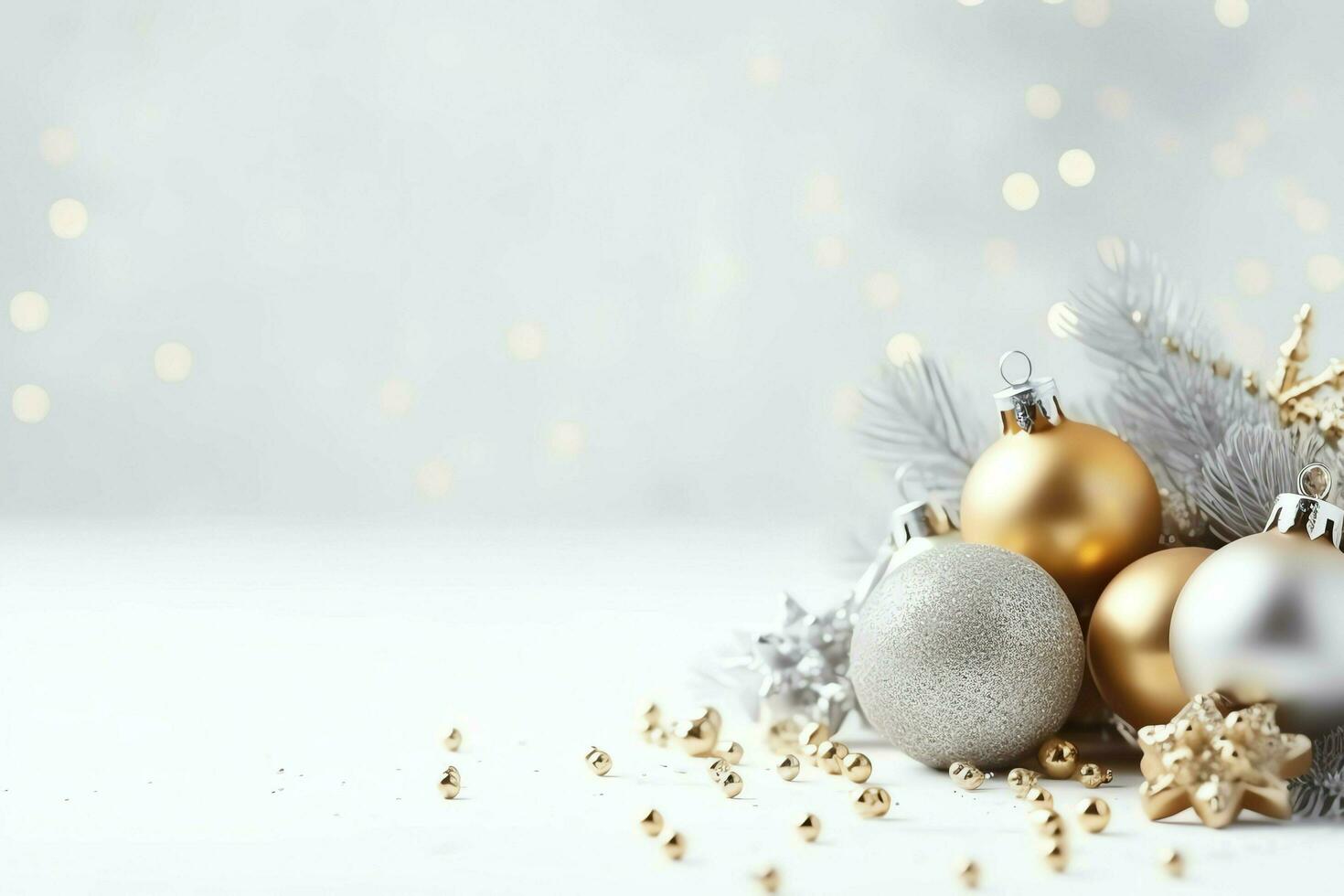Christmas composition with gift boxes, card balls fir branches pine cones with copy space. Christmas by AI Generated photo
