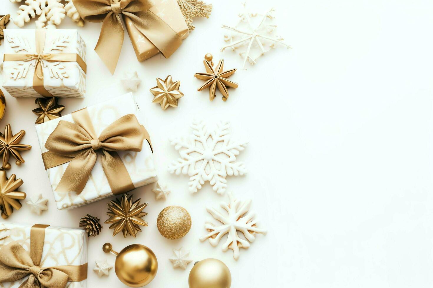 Christmas composition with gift boxes, card balls fir branches pine cones with copy space. Christmas by AI Generated photo