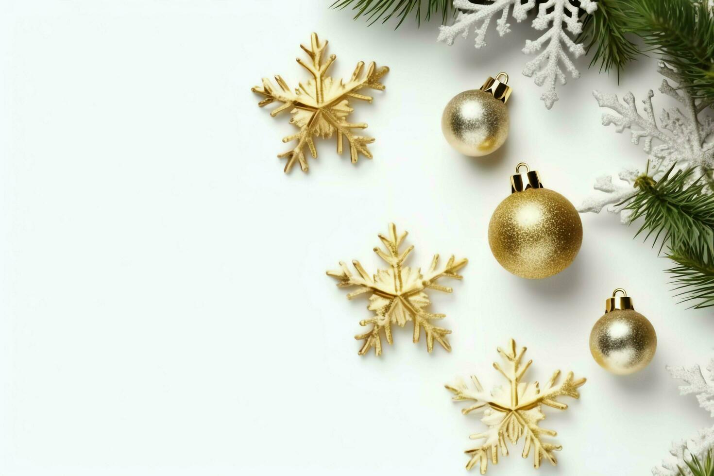 Christmas composition with gift boxes, card balls fir branches pine cones with copy space. Christmas by AI Generated photo