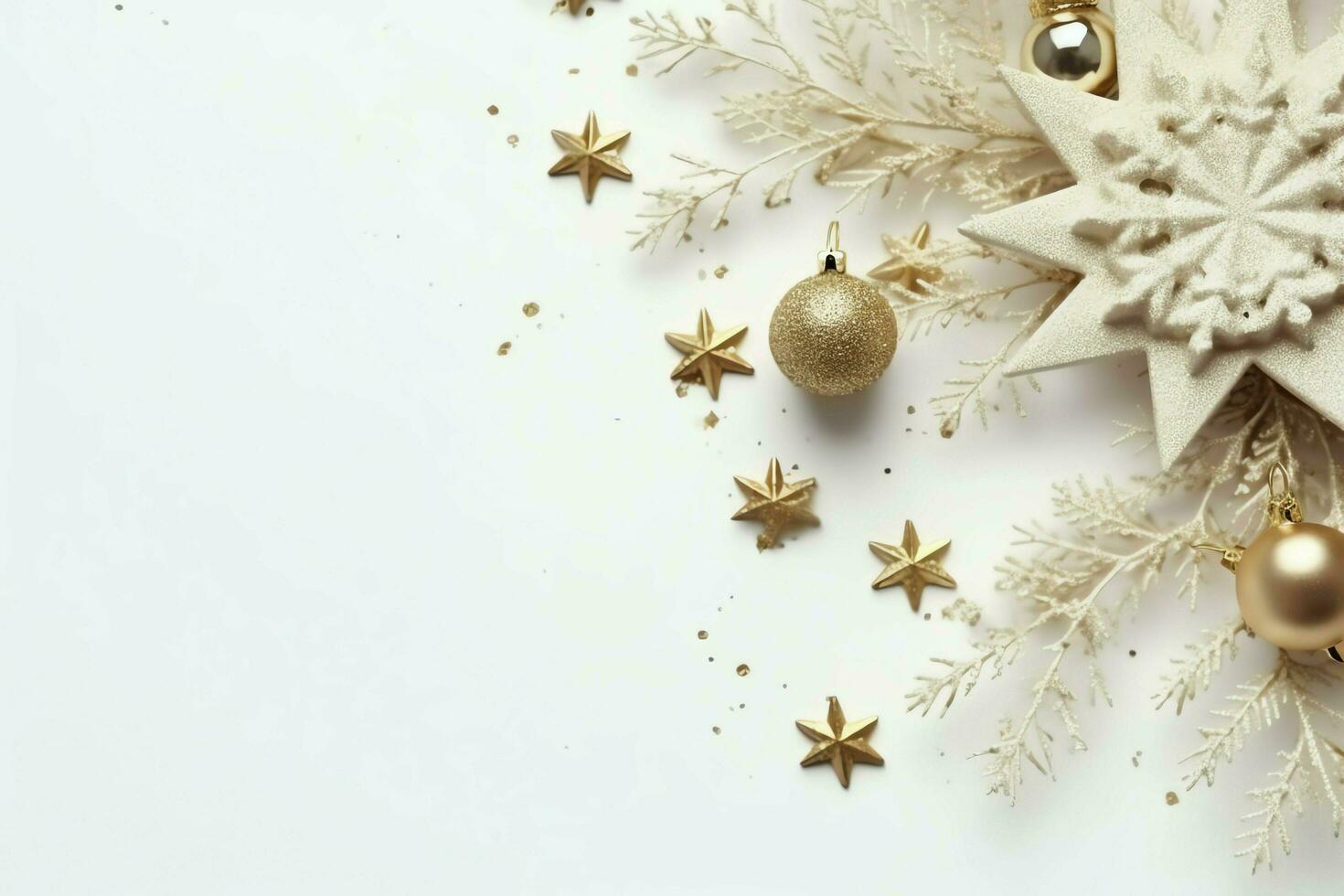 Christmas composition with gift boxes, card balls fir branches pine cones with copy space. Christmas by AI Generated photo