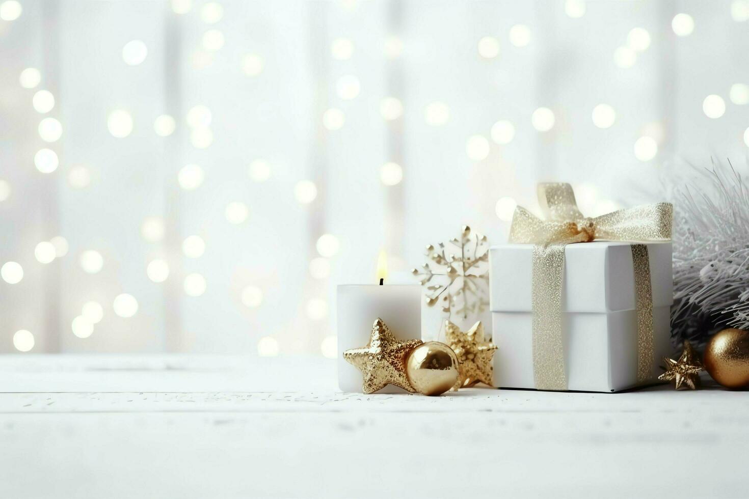 Christmas composition with gift boxes, card balls fir branches pine cones with copy space. Christmas by AI Generated photo
