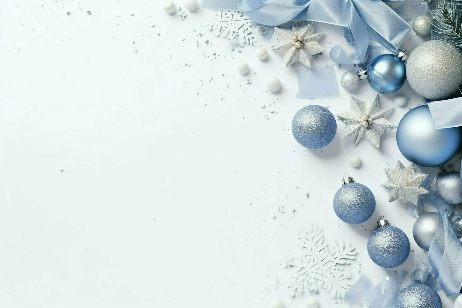 Christmas composition with gift boxes, card balls fir branches pine cones with copy space. Christmas by AI Generated photo
