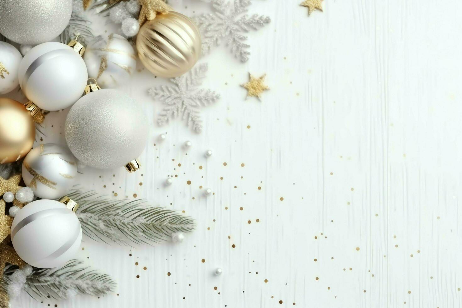 Christmas composition with gift boxes, card balls fir branches pine cones with copy space. Christmas by AI Generated photo