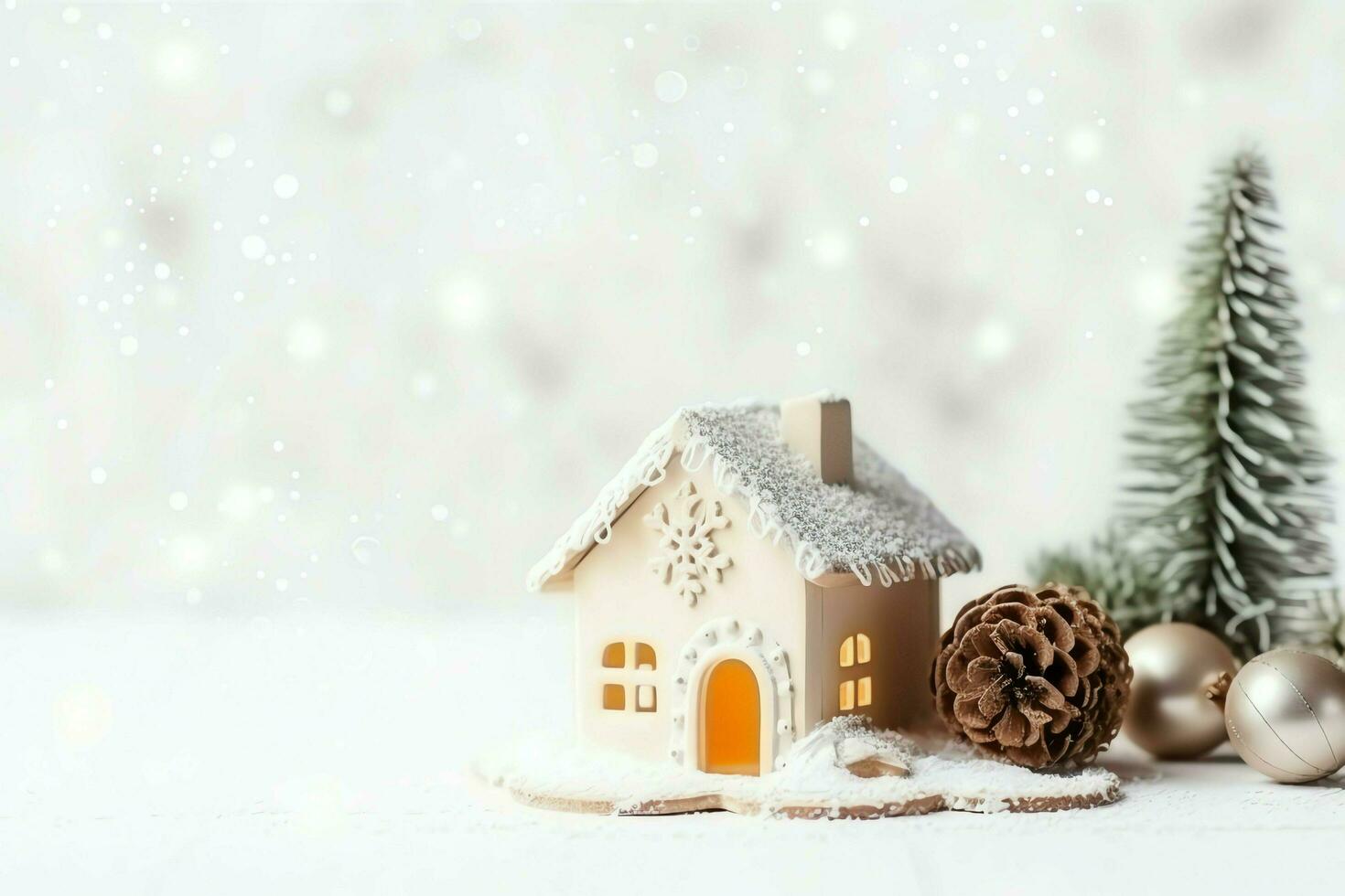 Christmas composition with gift boxes, card balls fir branches pine cones with copy space. Christmas by AI Generated photo