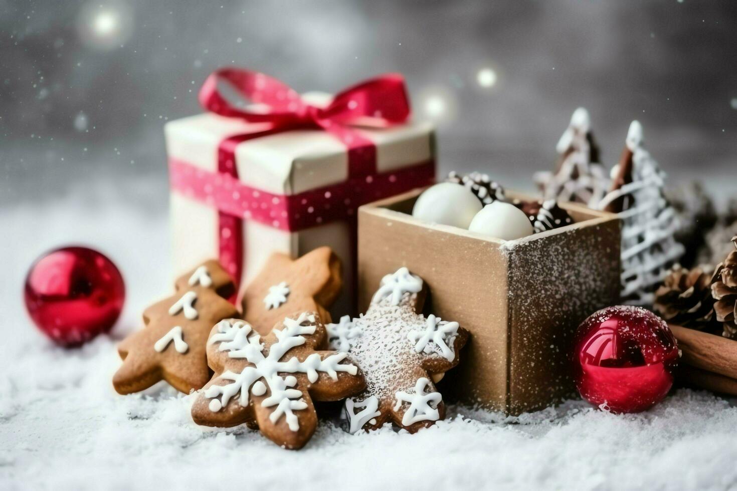 Christmas composition with gift boxes, card balls fir branches pine cones with copy space. Christmas by AI Generated photo