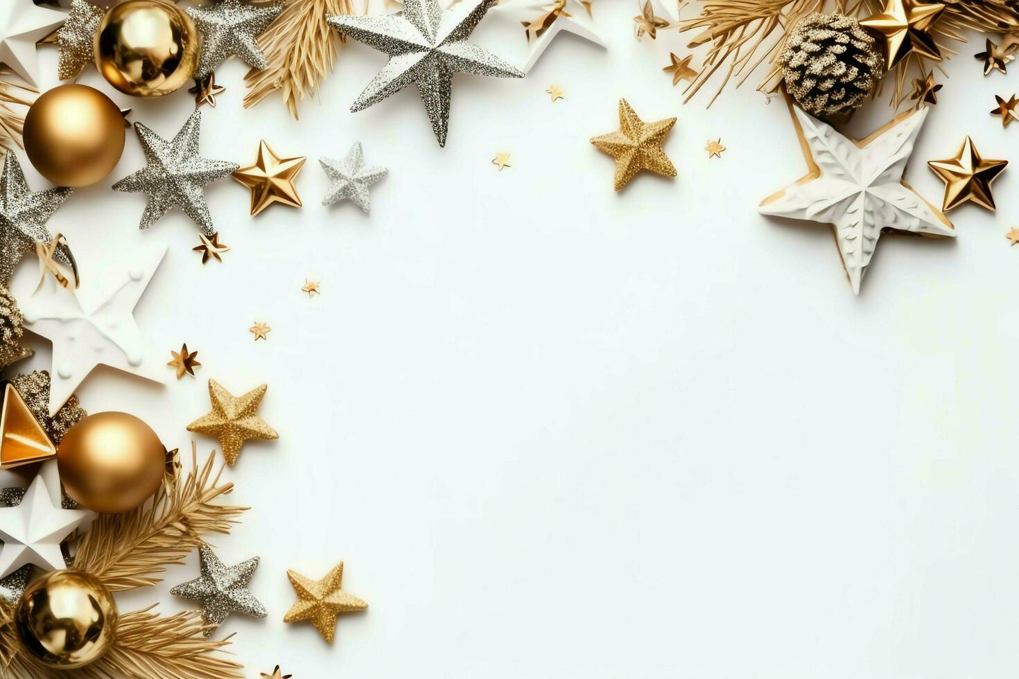 Christmas composition with gift boxes, card balls fir branches pine cones with copy space. Christmas by AI Generated photo