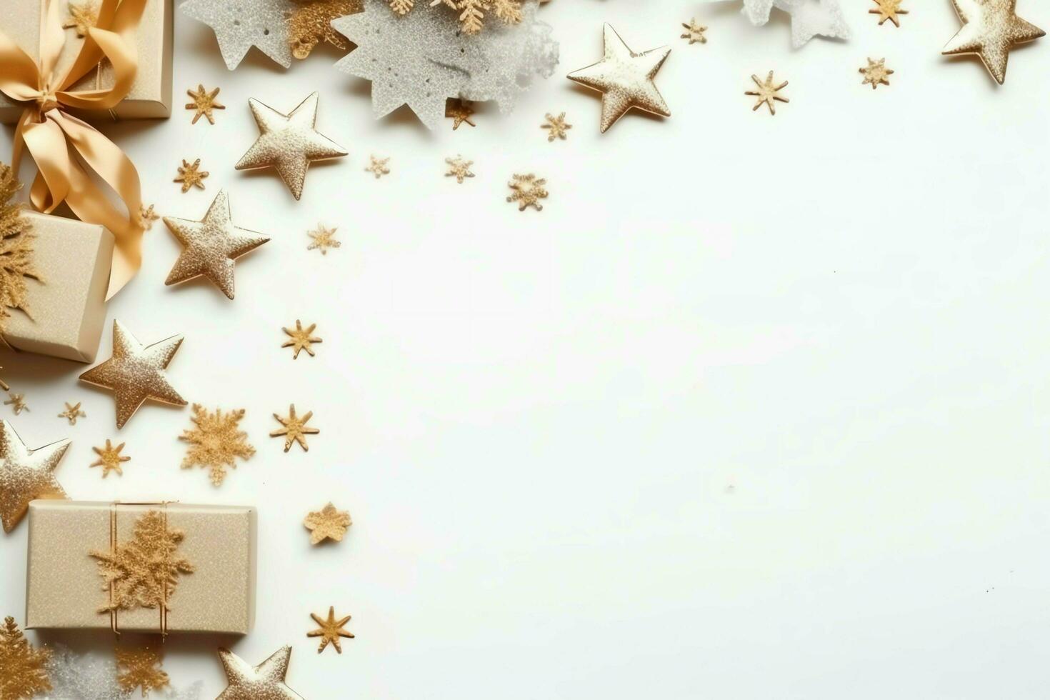 Christmas composition with gift boxes, card balls fir branches pine cones with copy space. Christmas by AI Generated photo