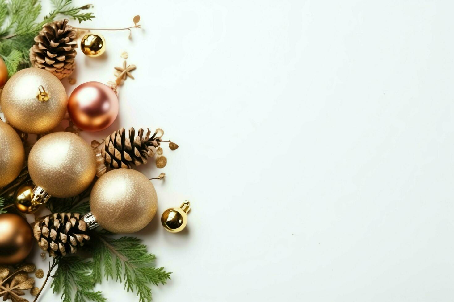 Christmas composition with gift boxes, card balls fir branches pine cones with copy space. Christmas by AI Generated photo
