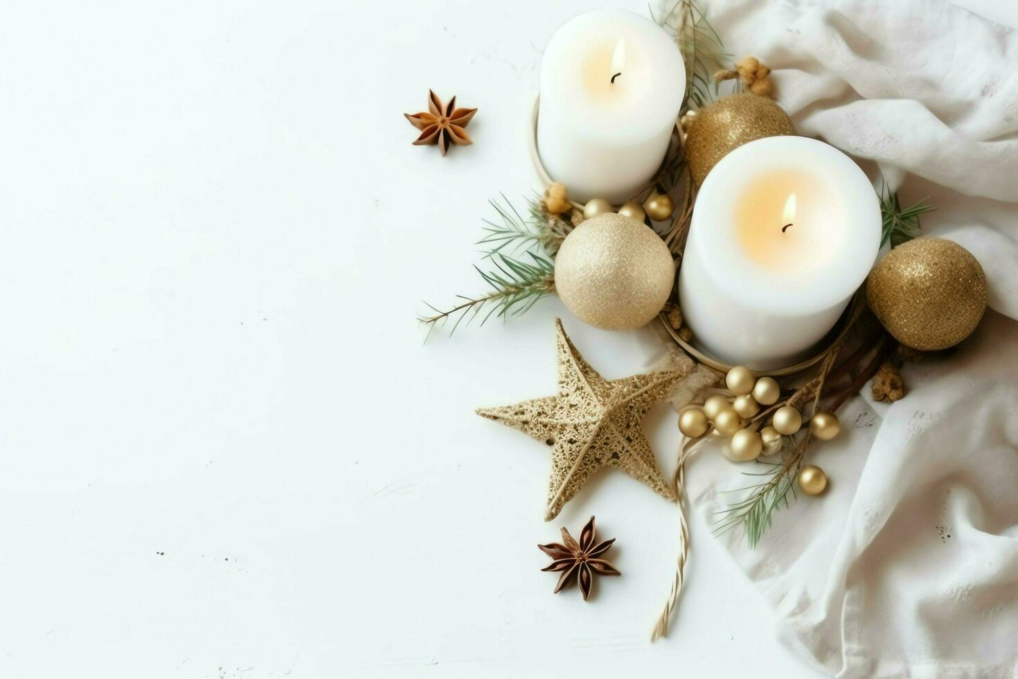 Christmas composition with gift boxes, card balls fir branches pine cones with copy space. Christmas by AI Generated photo