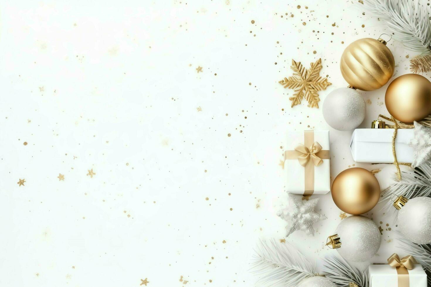Christmas composition with gift boxes, card balls fir branches pine cones with copy space. Christmas by AI Generated photo